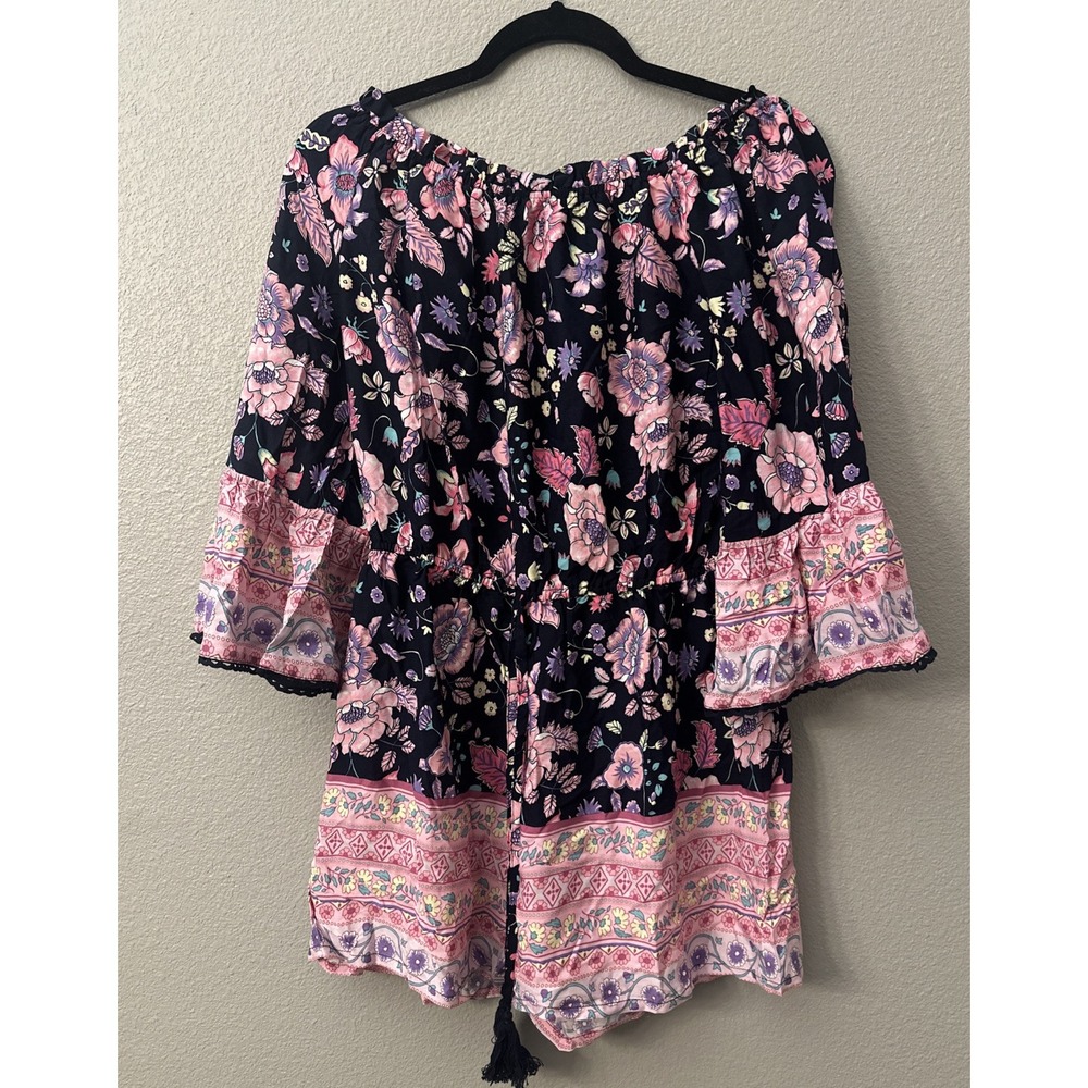 NWT Olia Boho Black And Pink Floral Romper Off The Shoulder Size Small